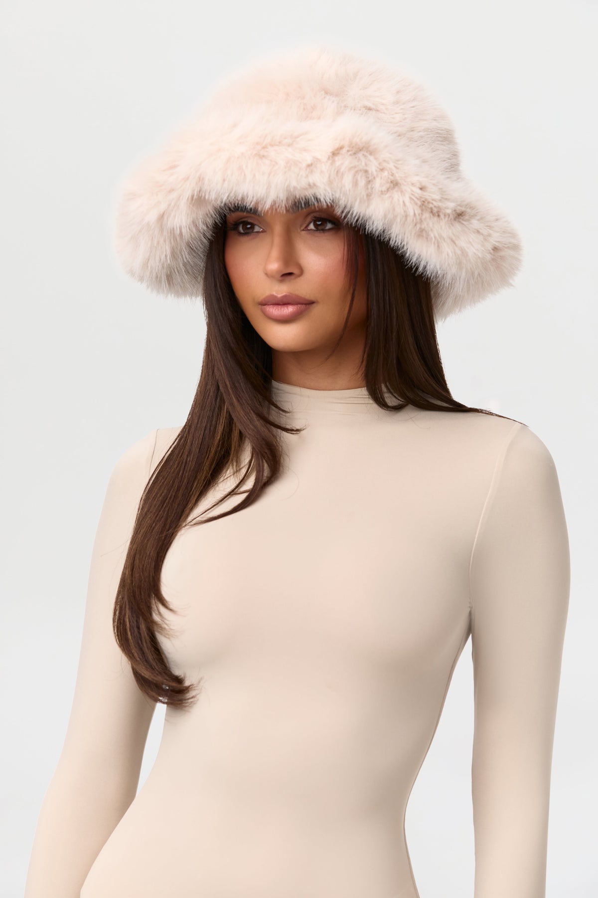 Taupe Faux Fur Oversized Bucket Hat