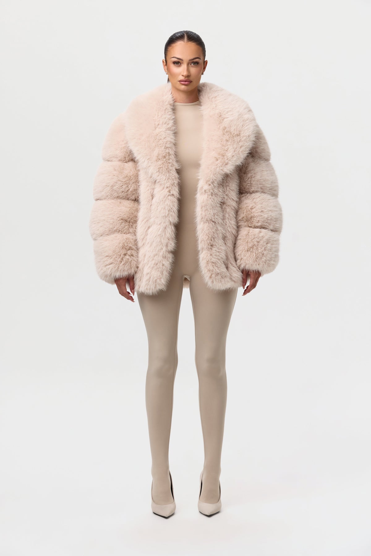 Taupe Pelted Vertical Fur Coat