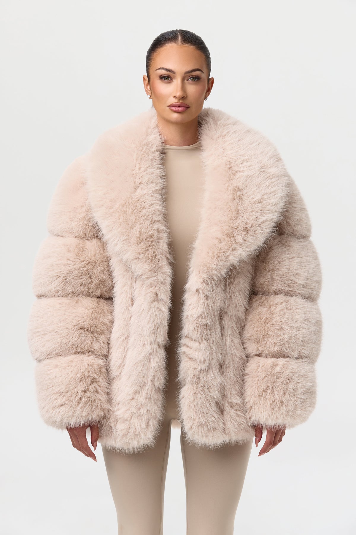 Taupe Pelted Vertical Fur Coat