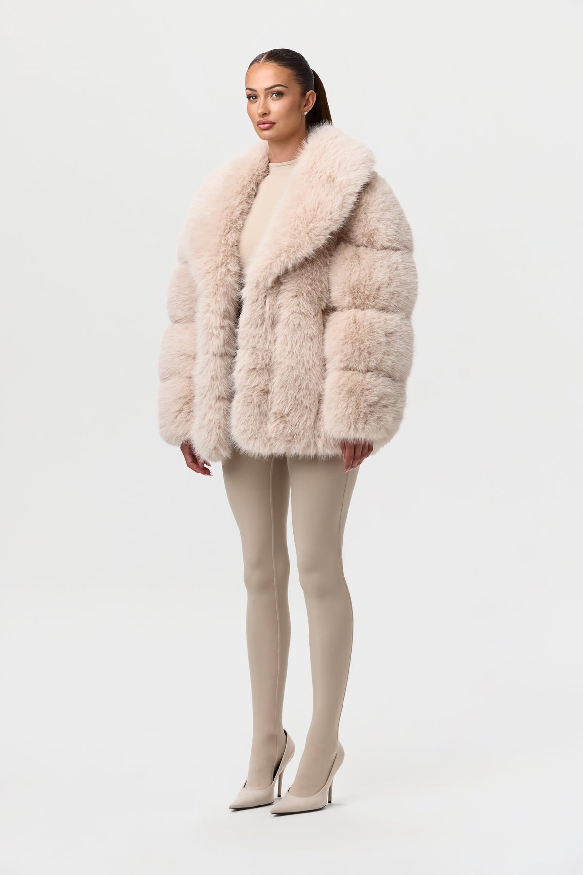 Taupe Pelted Vertical Fur Coat