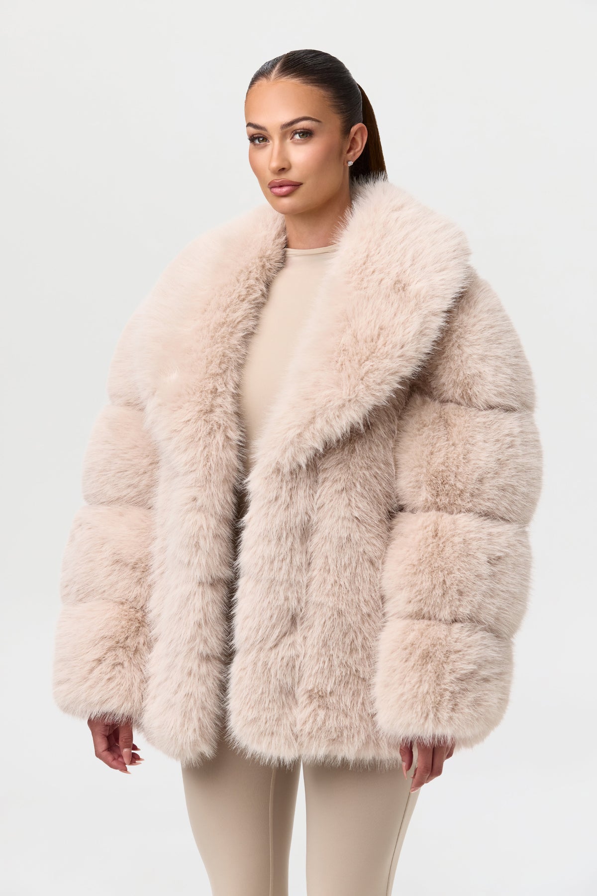 Taupe Pelted Vertical Fur Coat
