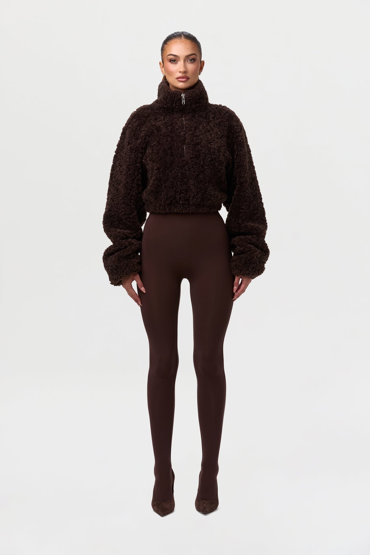 Dark Chocolate Sherpa Quarter-Zip Cropped Sweater