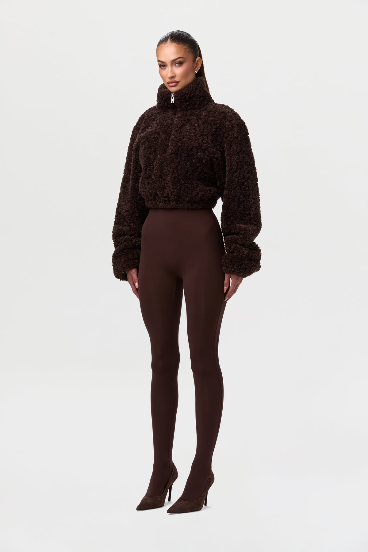 Dark Chocolate Sherpa Quarter-Zip Cropped Sweater