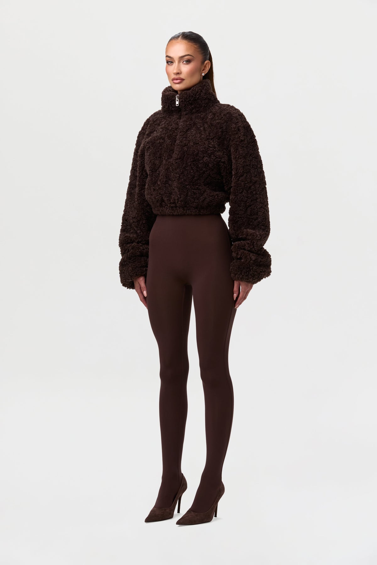 Dark Chocolate Sherpa Quarter-Zip Cropped Sweater