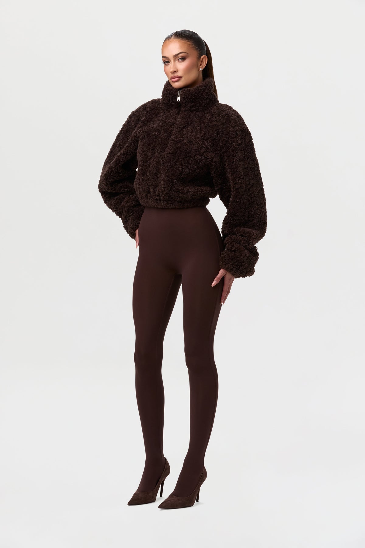 Dark Chocolate Sherpa Quarter-Zip Cropped Sweater