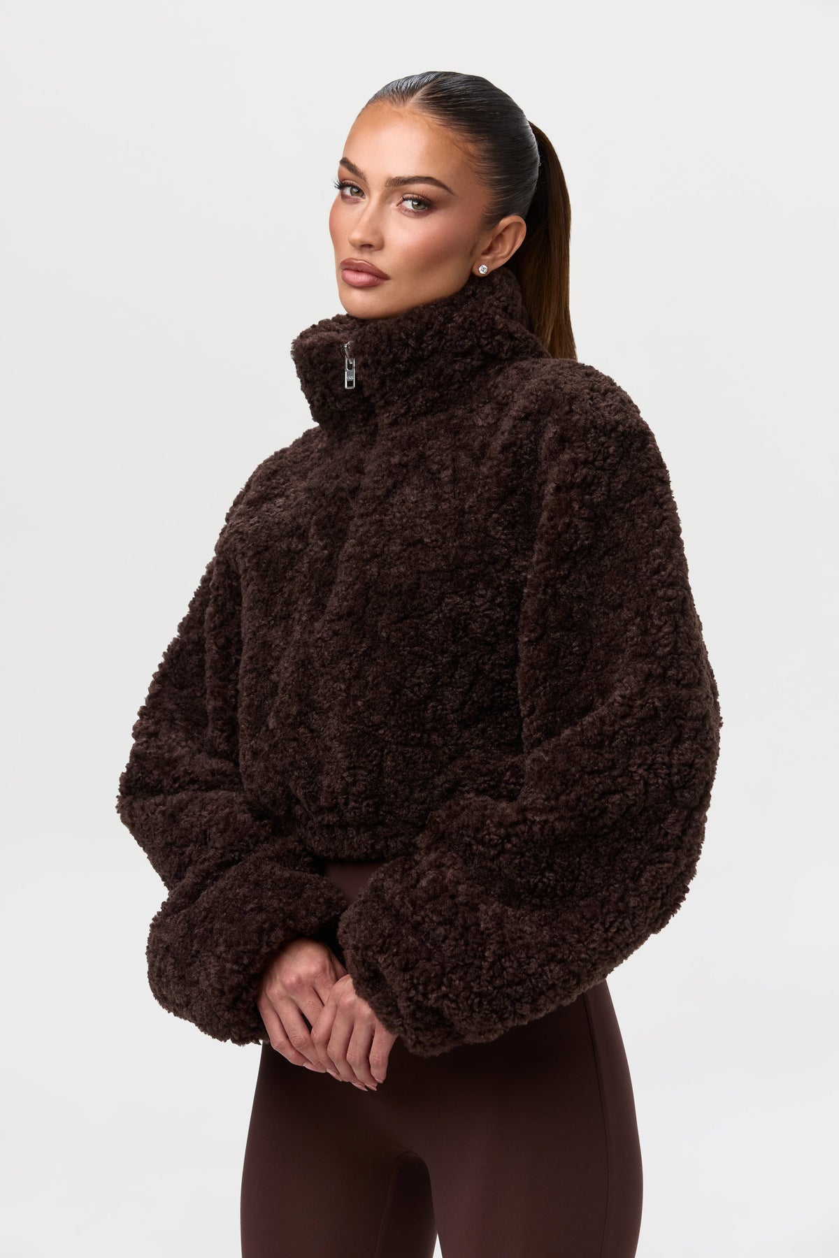 Dark Chocolate Sherpa Quarter-Zip Cropped Sweater