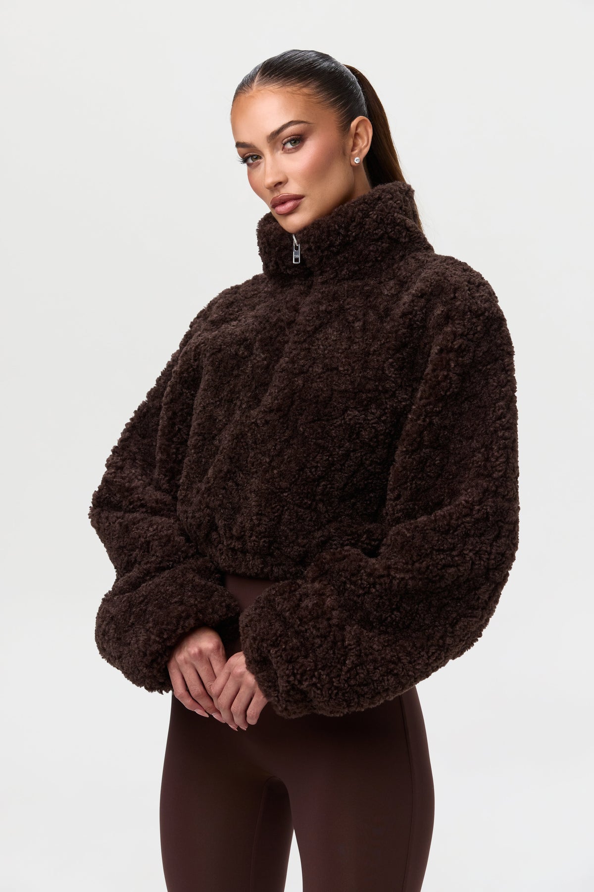 Dark Chocolate Sherpa Quarter-Zip Cropped Sweater