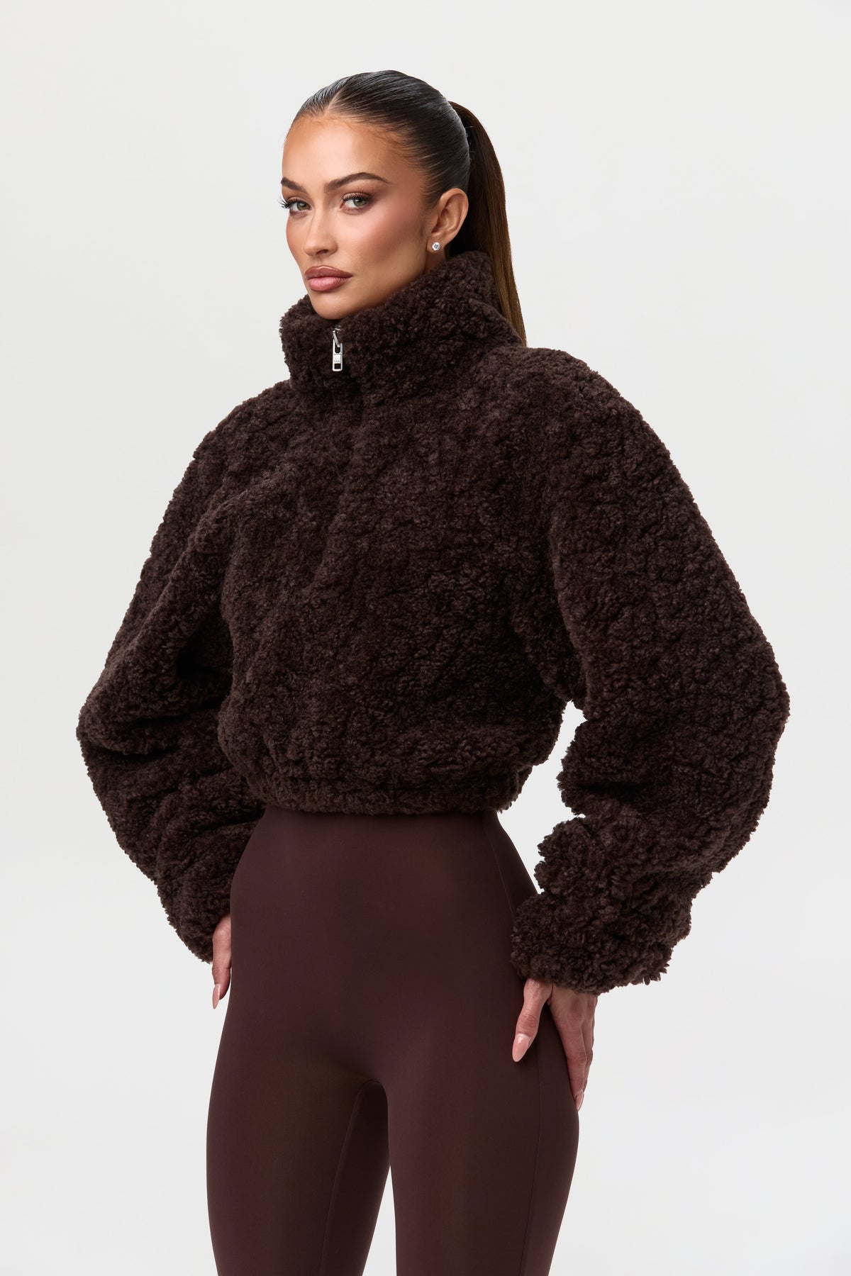 Dark Chocolate Sherpa Quarter-Zip Cropped Sweater