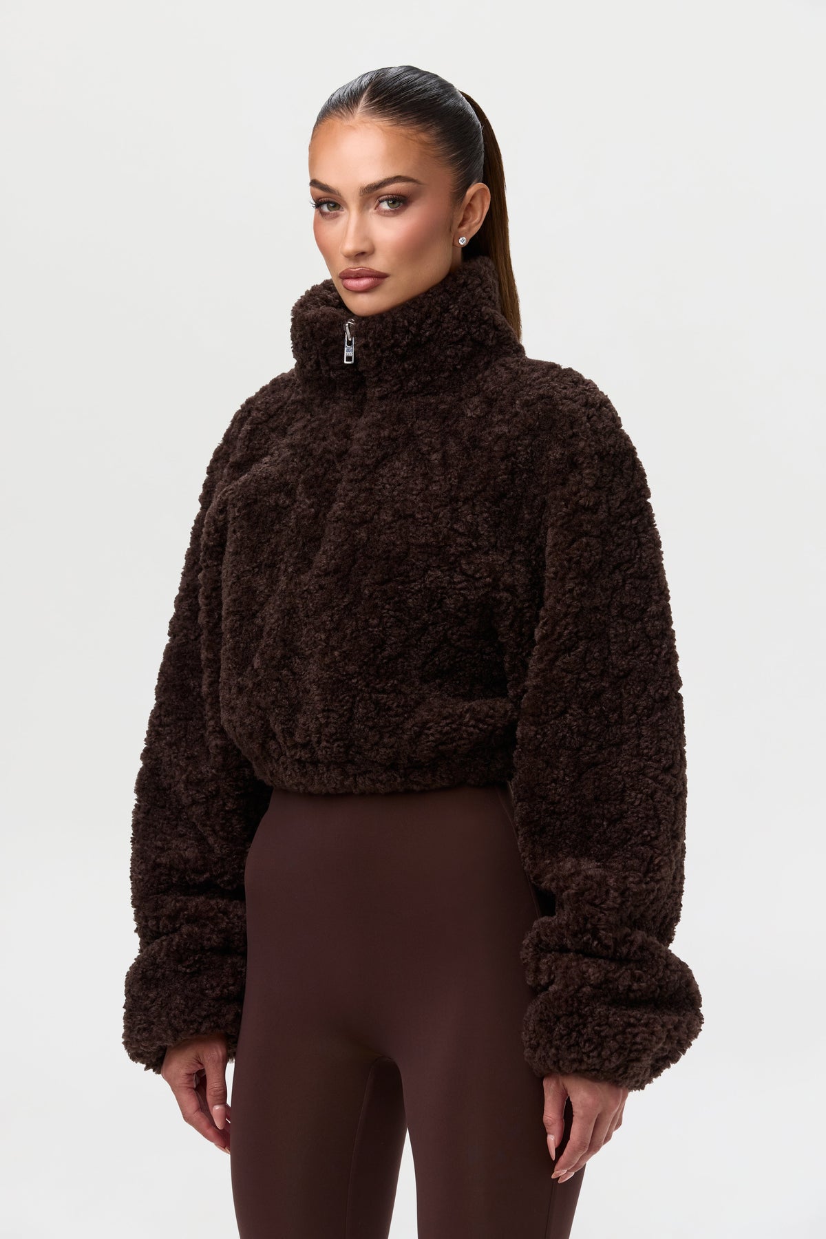 Dark Chocolate Sherpa Quarter-Zip Cropped Sweater