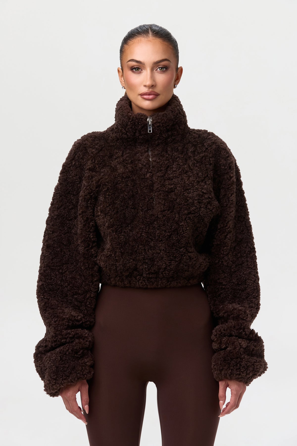 Dark Chocolate Sherpa Quarter-Zip Cropped Sweater