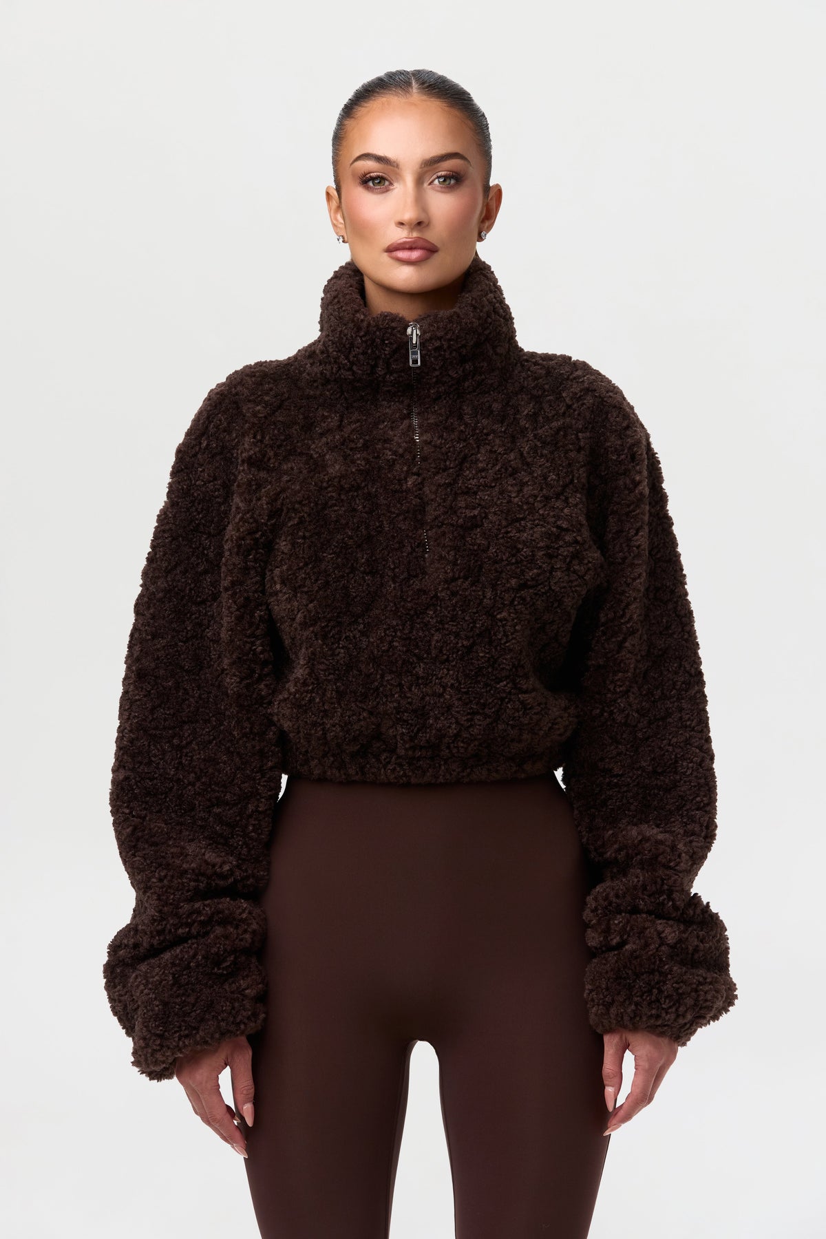 Dark Chocolate Sherpa Quarter-Zip Cropped Sweater
