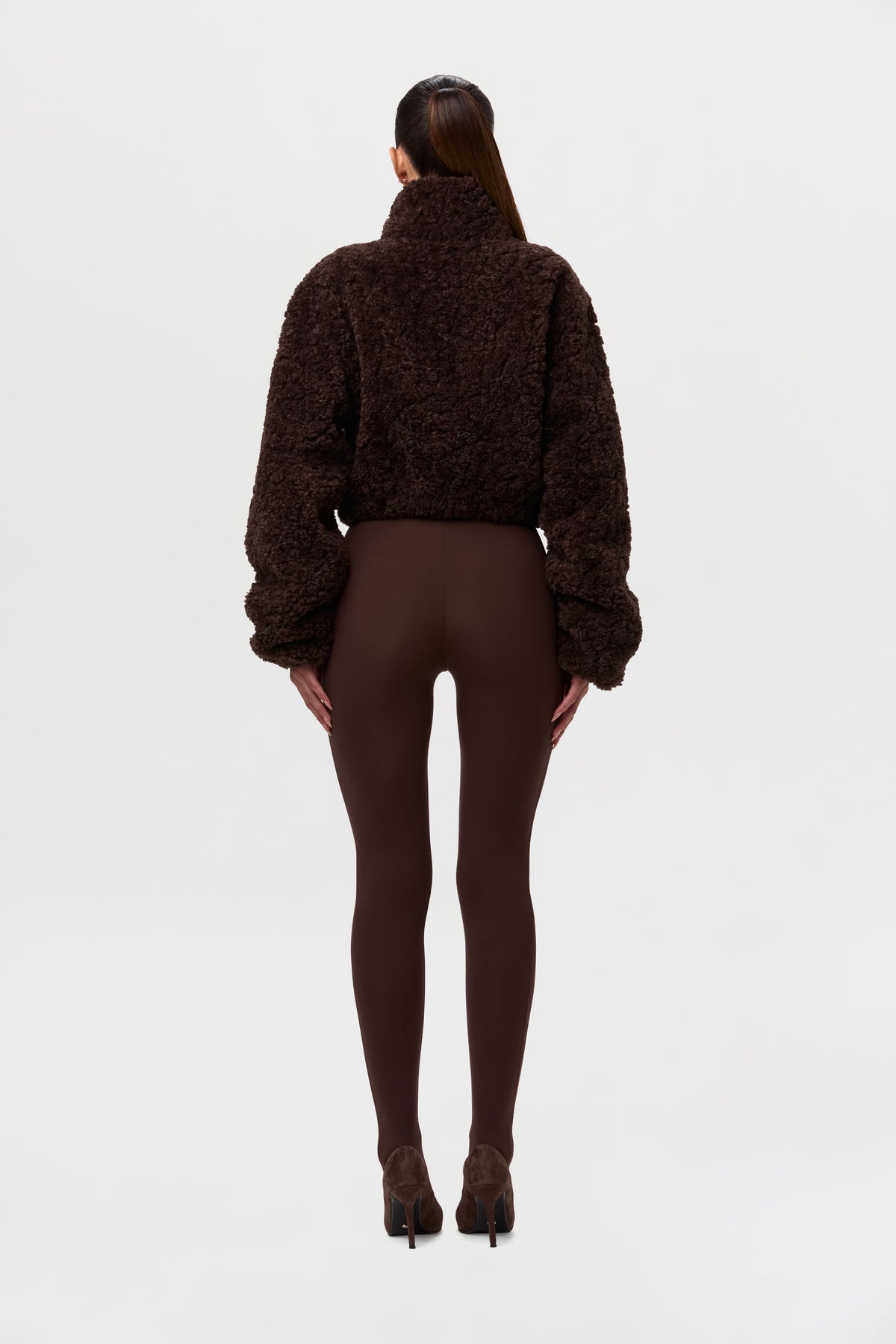 Dark Chocolate Sherpa Quarter-Zip Cropped Sweater