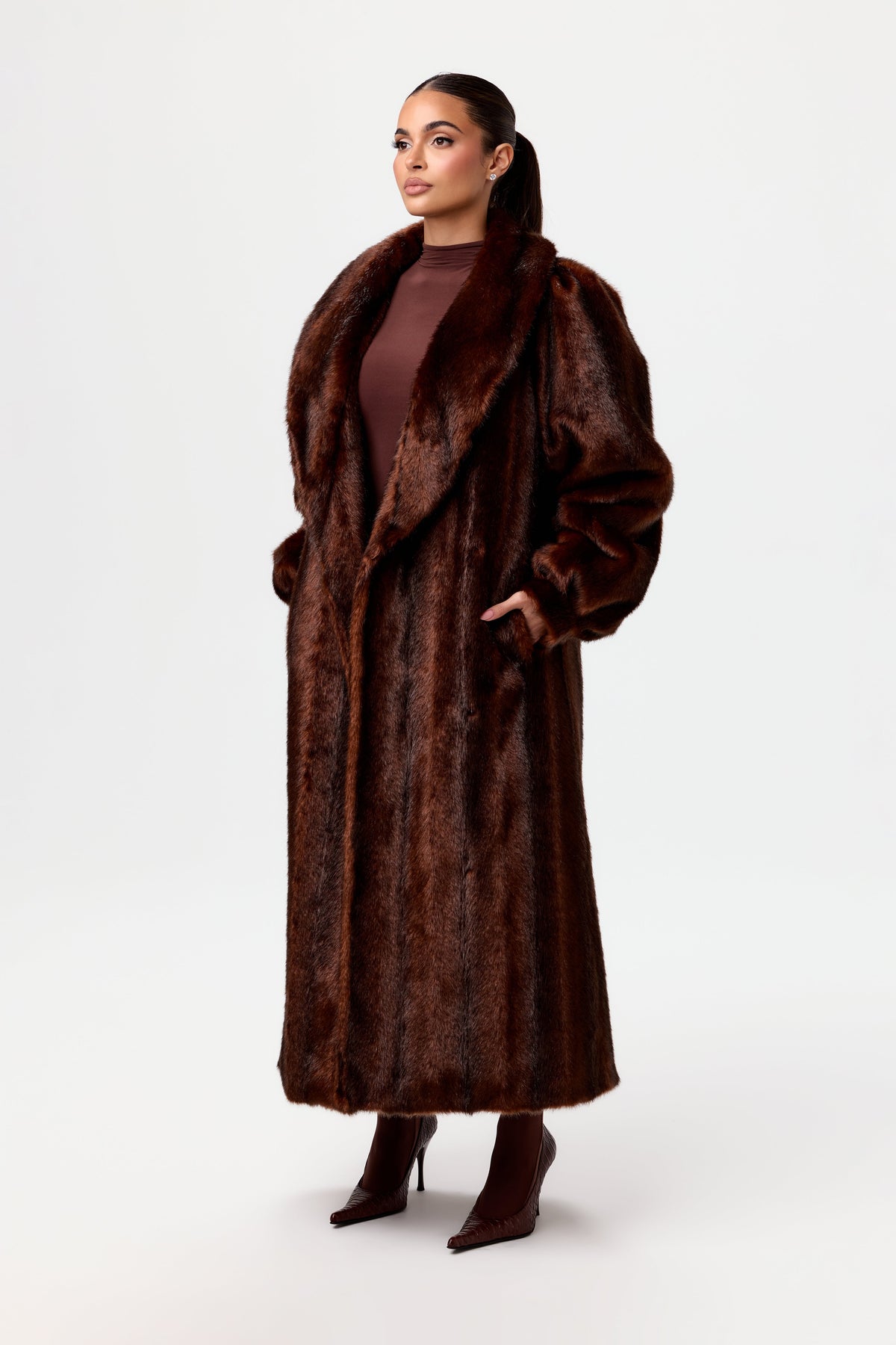 Chocolate Faux Mink Long Coat