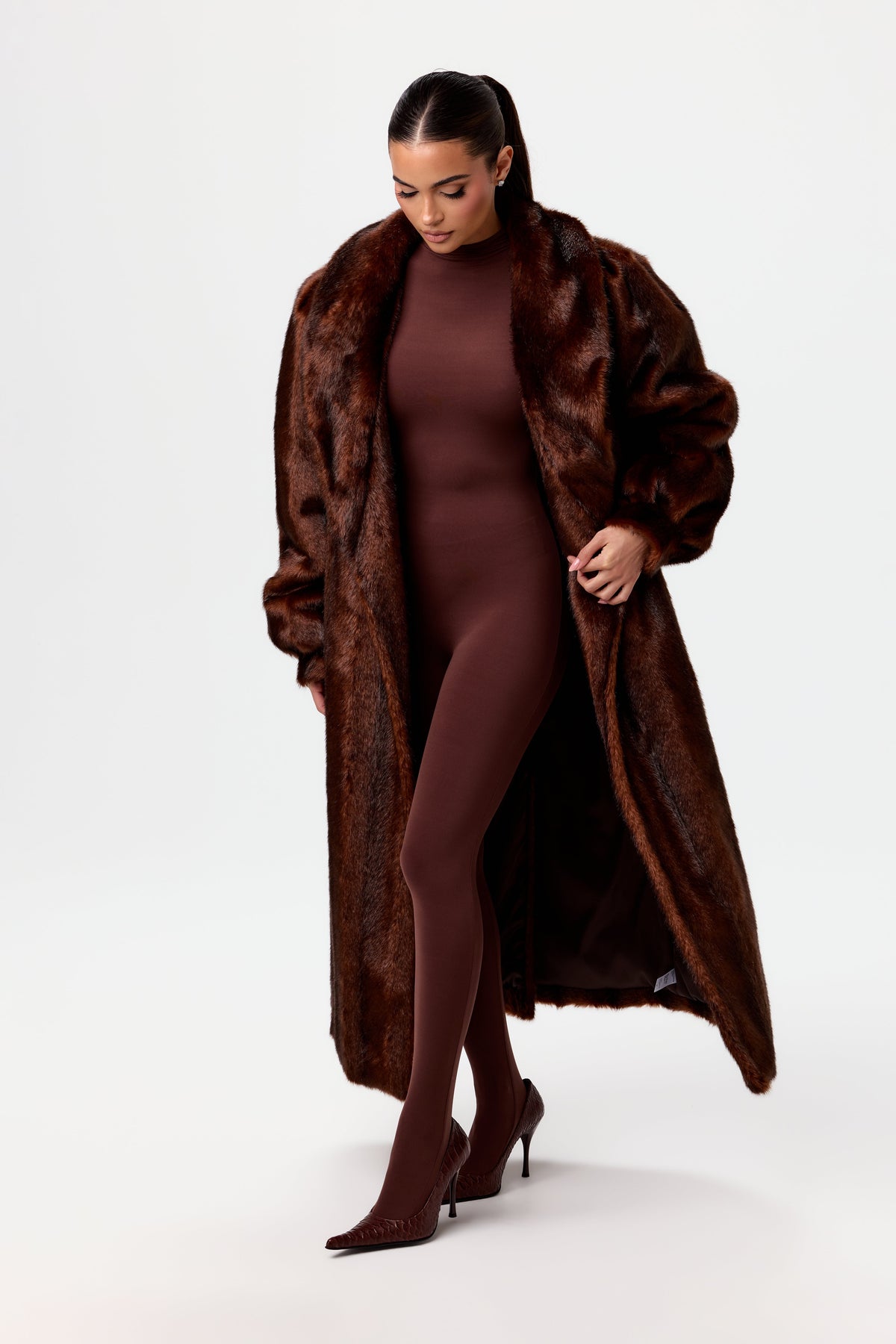 Chocolate Faux Mink Long Coat
