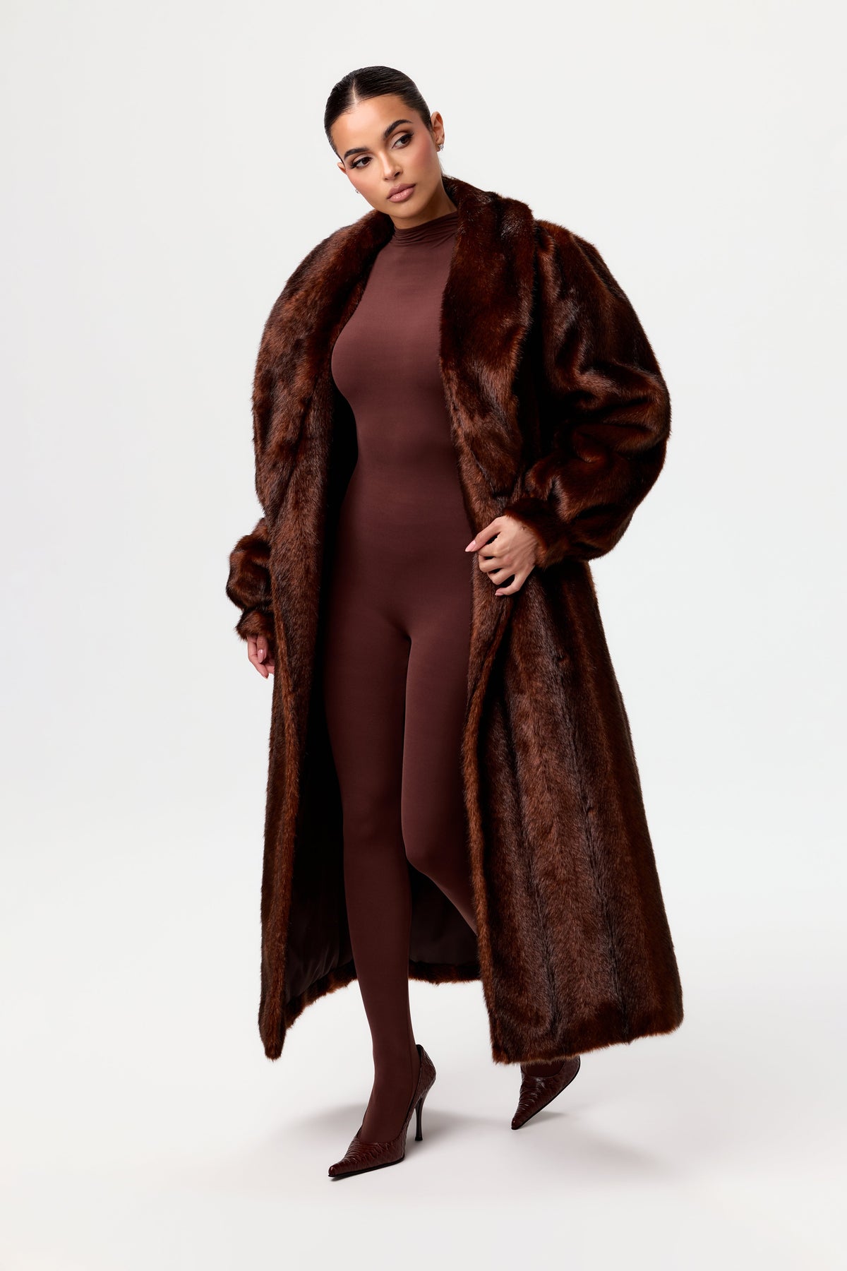 Chocolate Faux Mink Long Coat