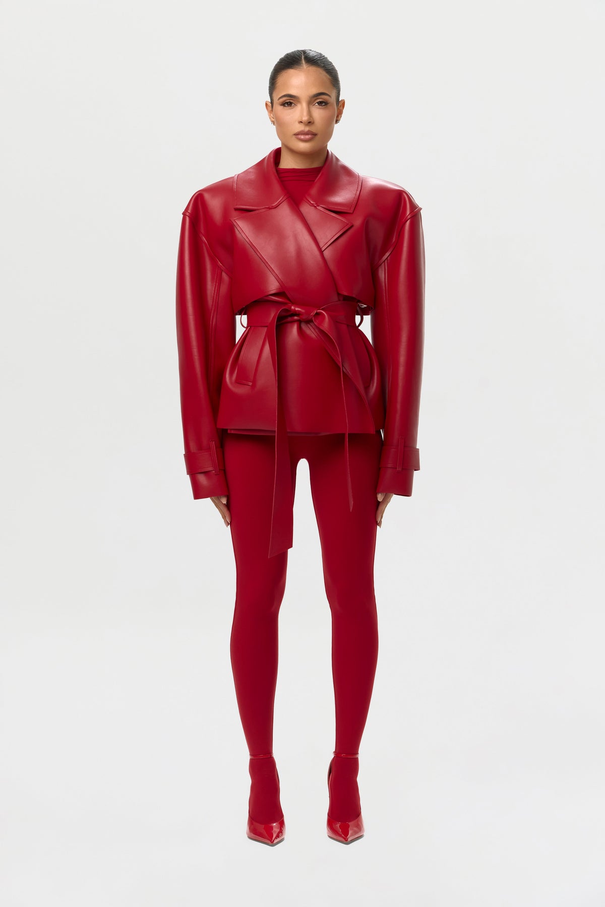 Ruby Red Vegan Leather Cropped Trench Jacket