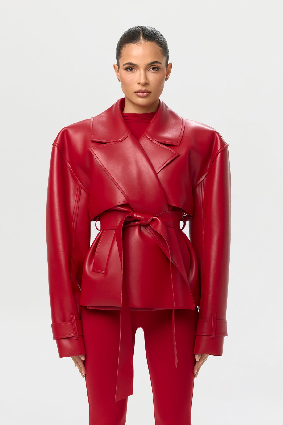 Ruby Red Vegan Leather Cropped Trench Jacket