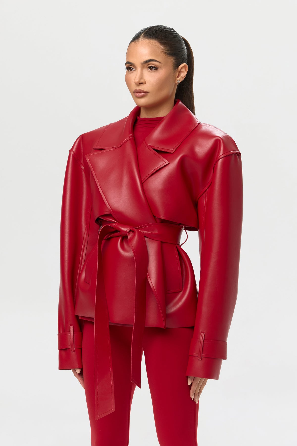 Ruby Red Vegan Leather Cropped Trench Jacket