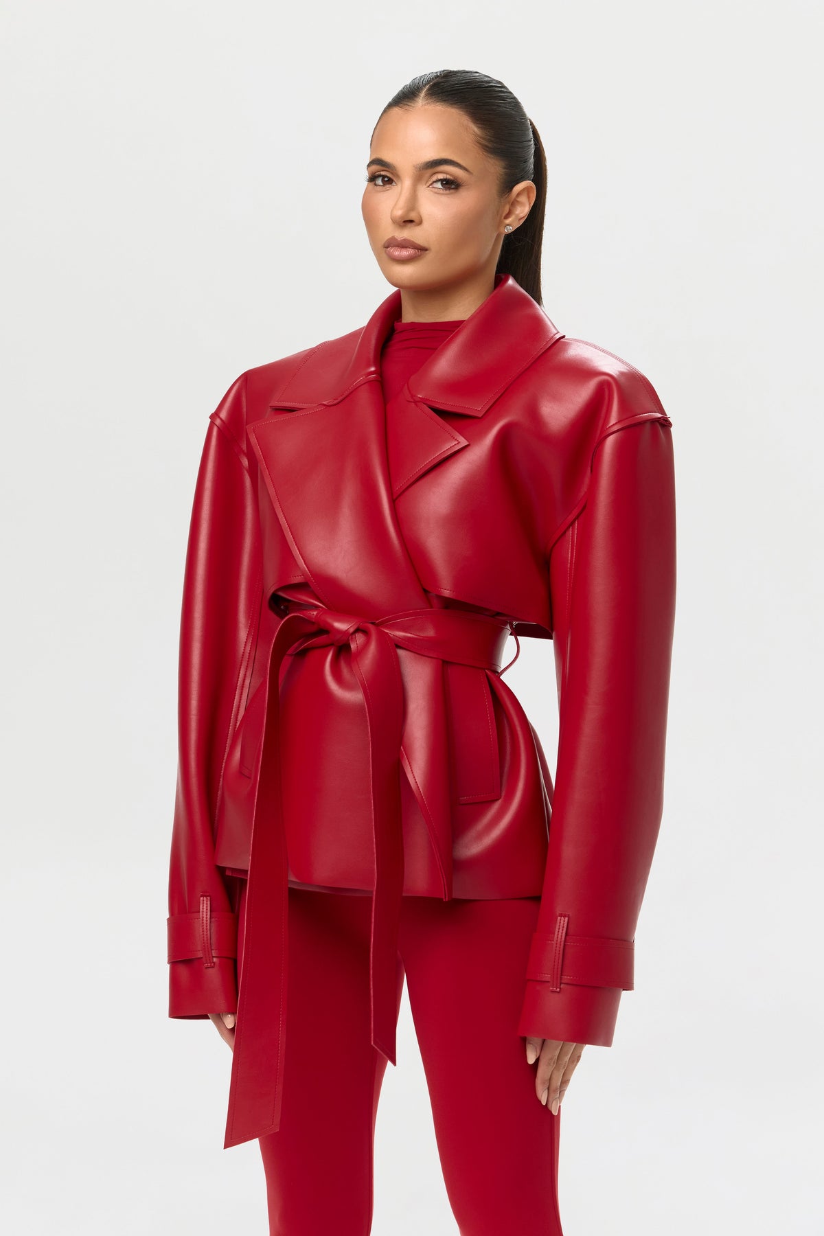 Ruby Red Vegan Leather Cropped Trench Jacket