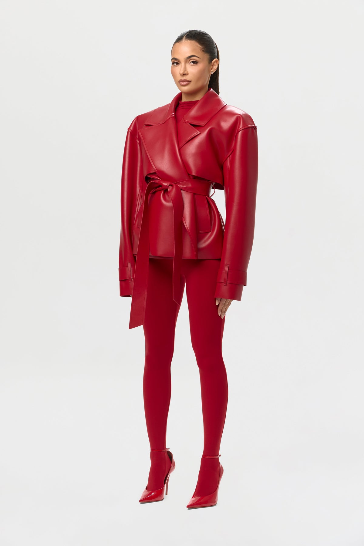 Ruby Red Vegan Leather Cropped Trench Jacket