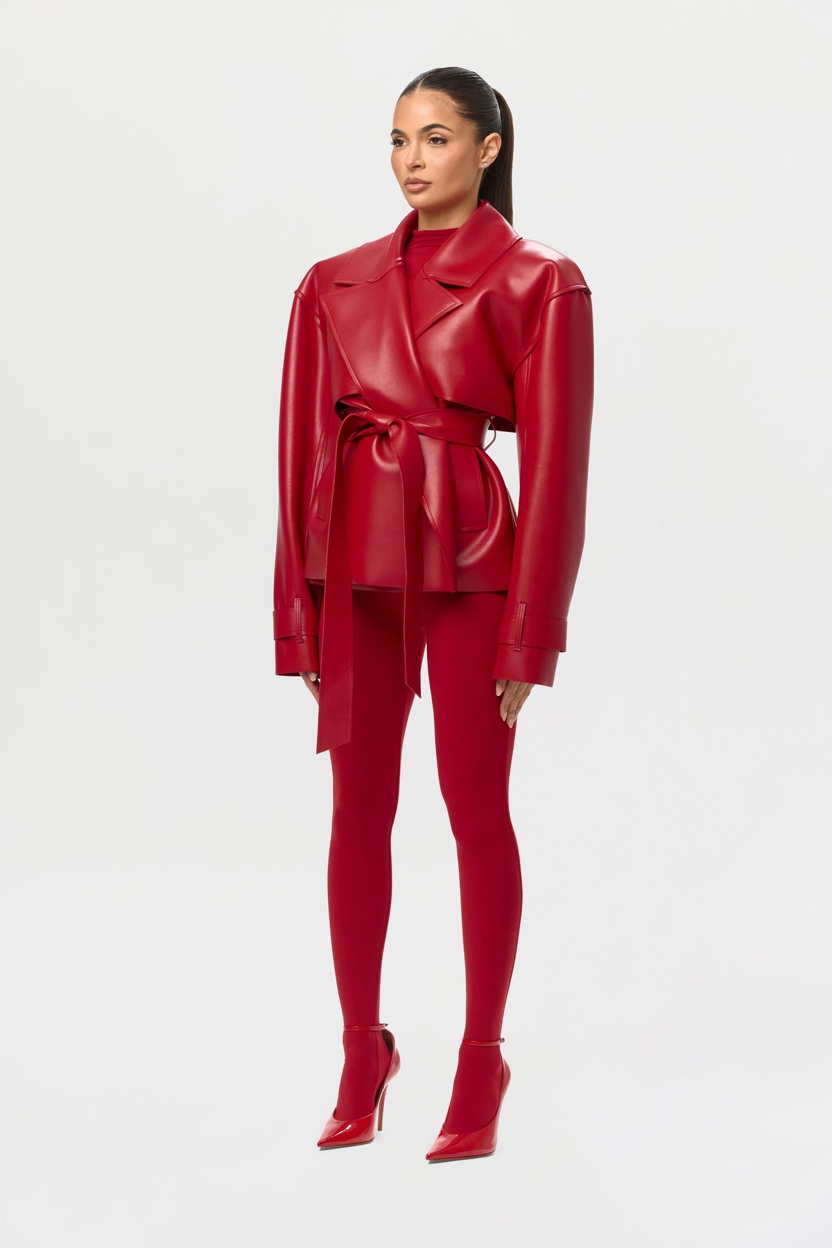 Ruby Red Vegan Leather Cropped Trench Jacket