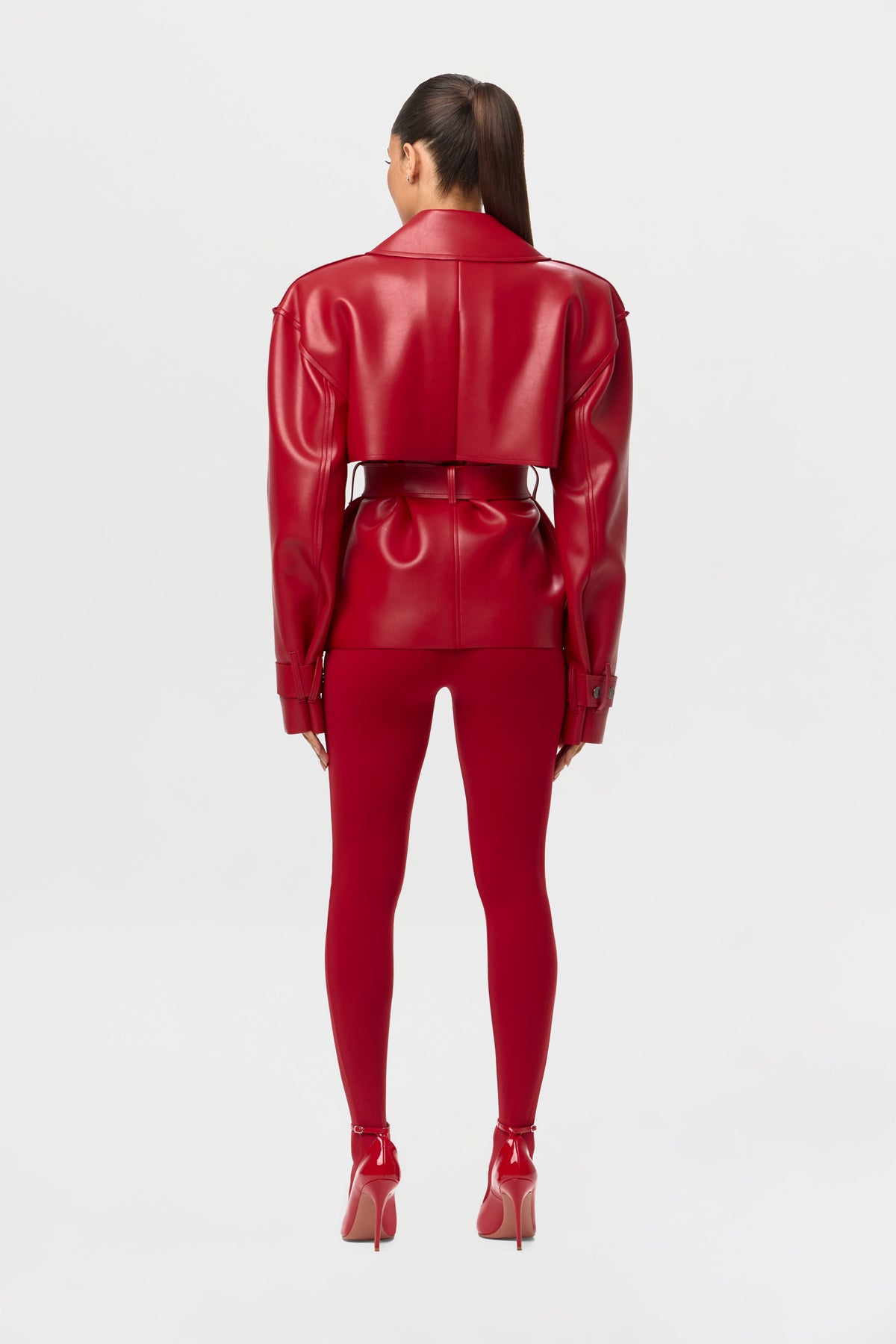 Ruby Red Vegan Leather Cropped Trench Jacket