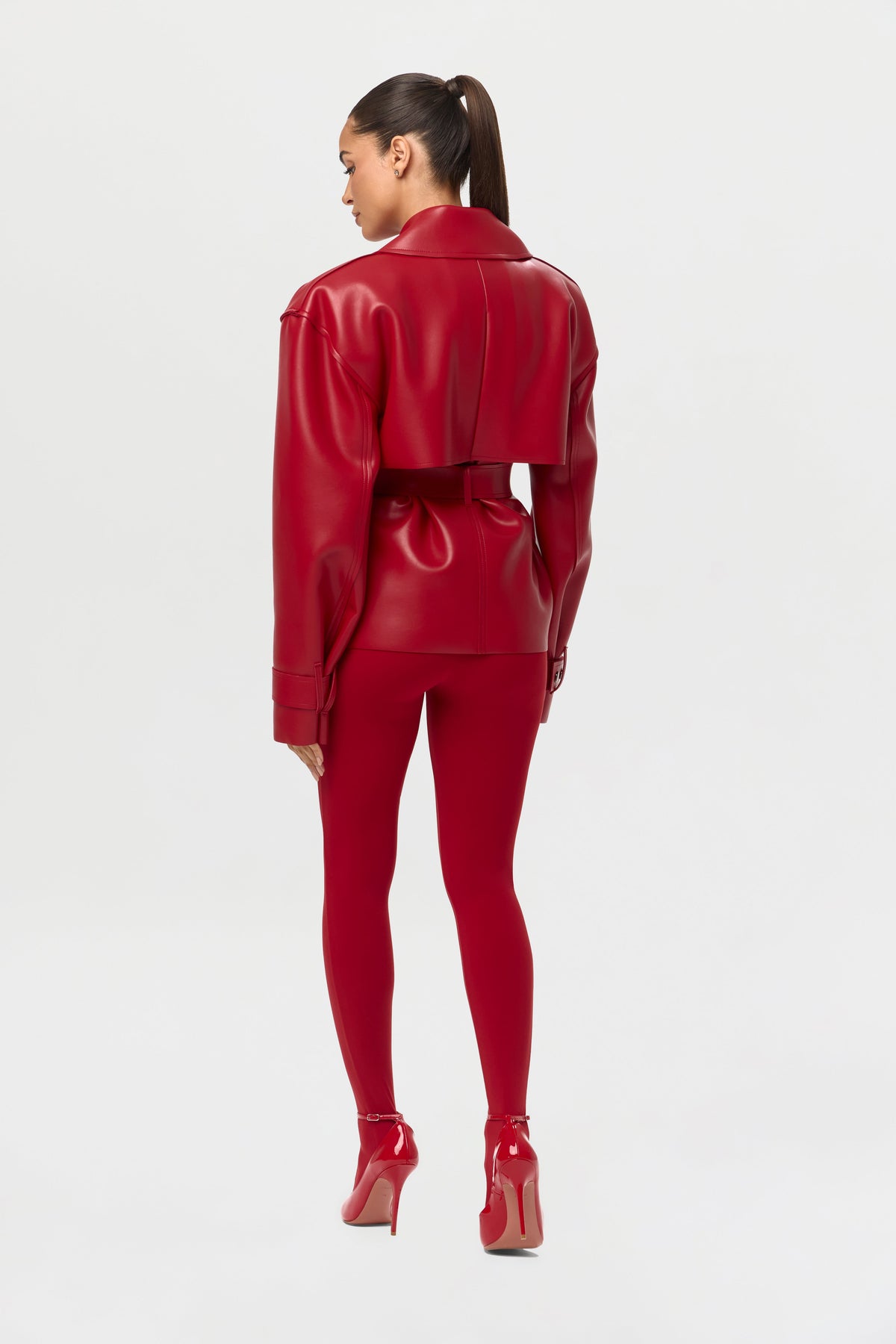Ruby Red Vegan Leather Cropped Trench Jacket