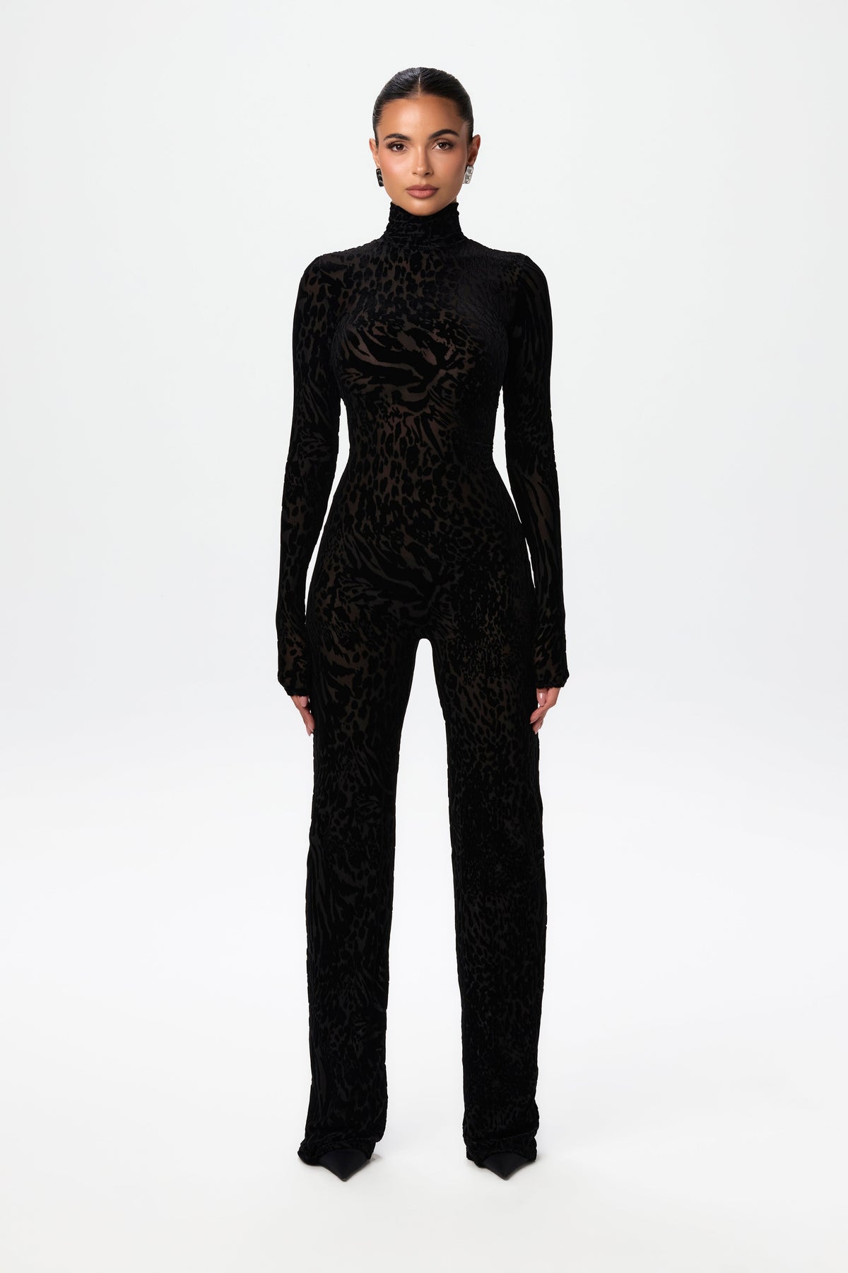 Abstract Leopard Black Burnout Longsleeve Jumpsuit