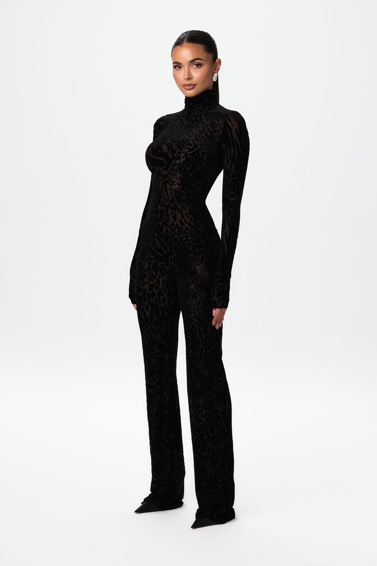 Abstract Leopard Black Burnout Longsleeve Jumpsuit