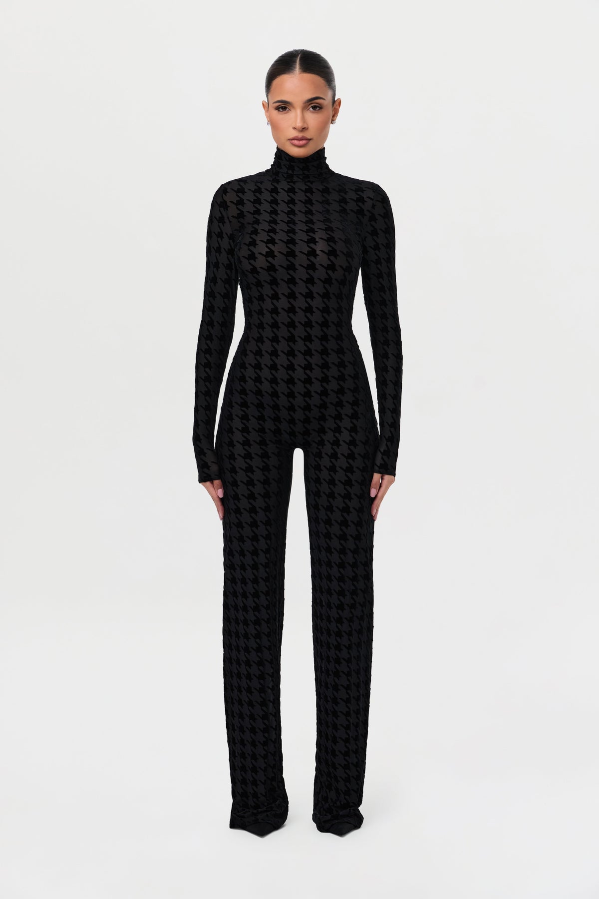 Black Houndstooth Burnout Longsleeve Jumpsuit