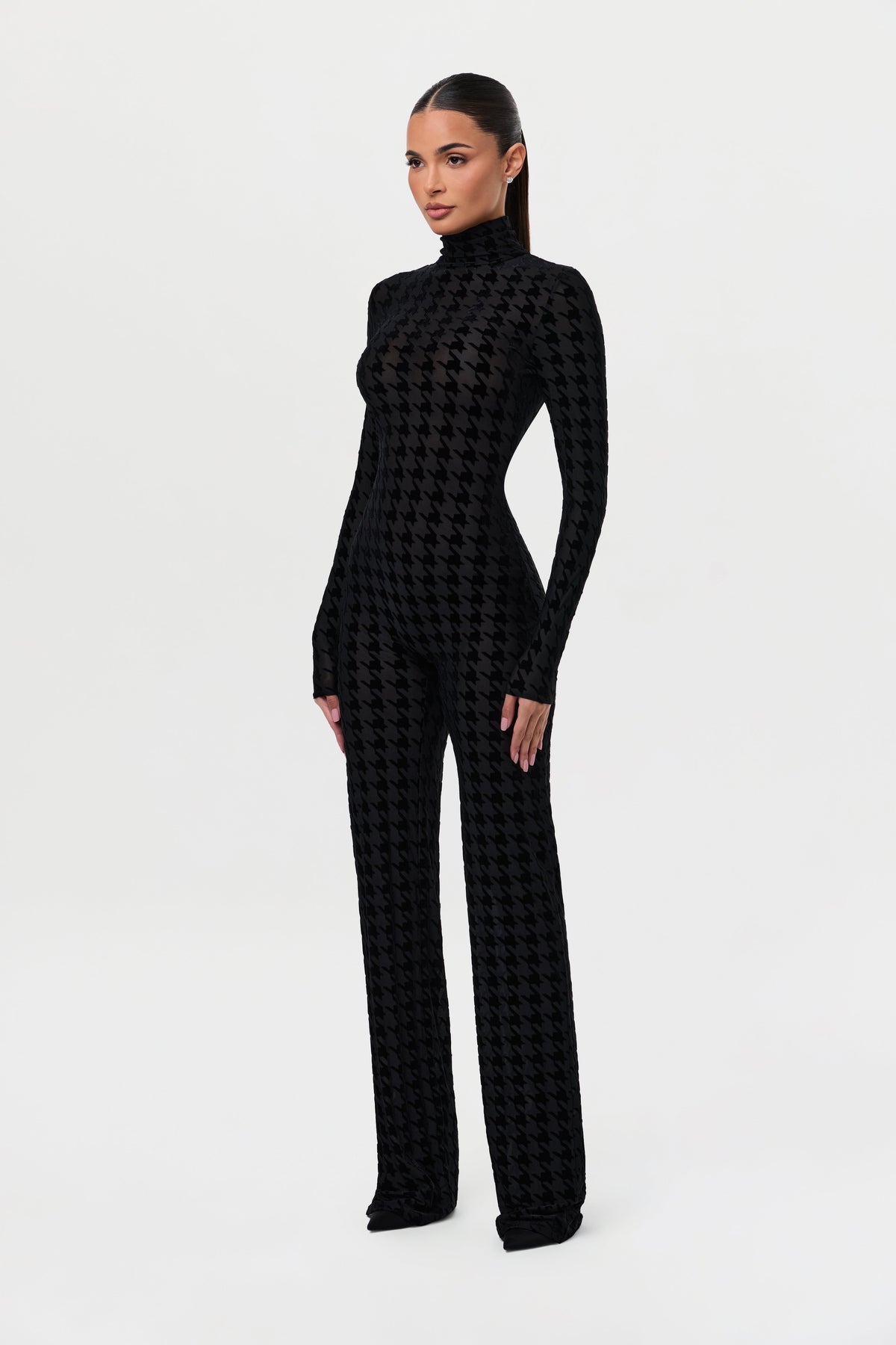Black Houndstooth Burnout Longsleeve Jumpsuit