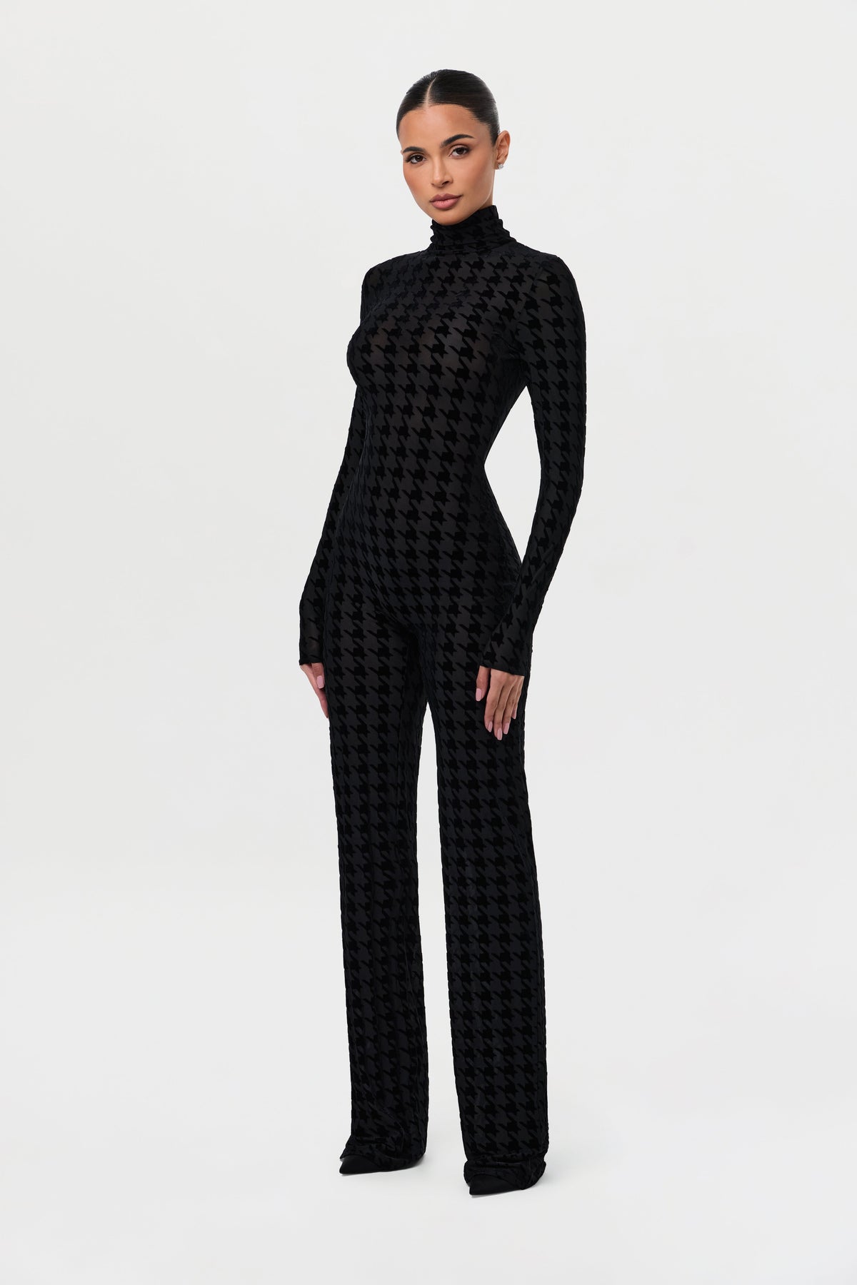 Black Houndstooth Burnout Longsleeve Jumpsuit
