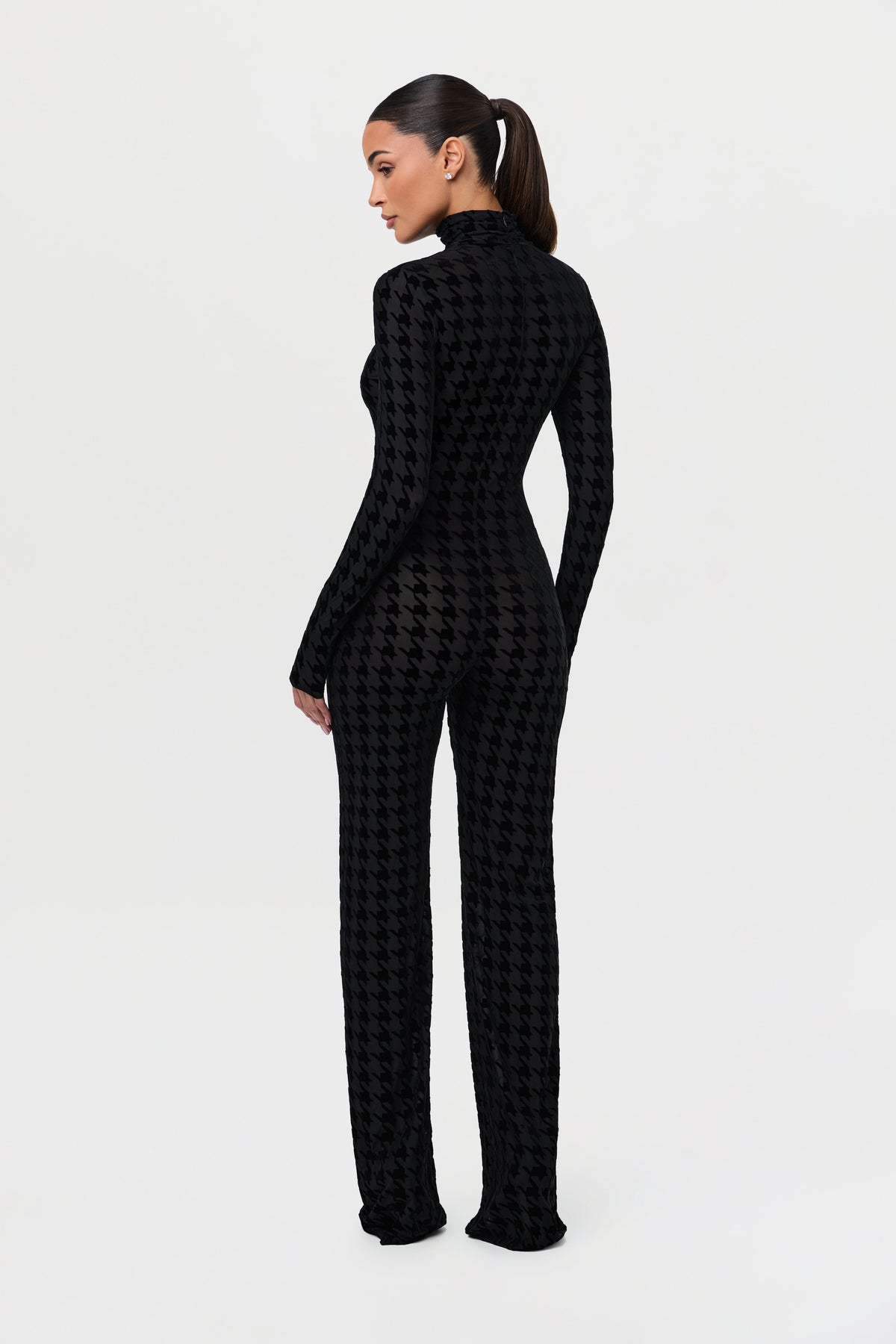 Black Houndstooth Burnout Longsleeve Jumpsuit