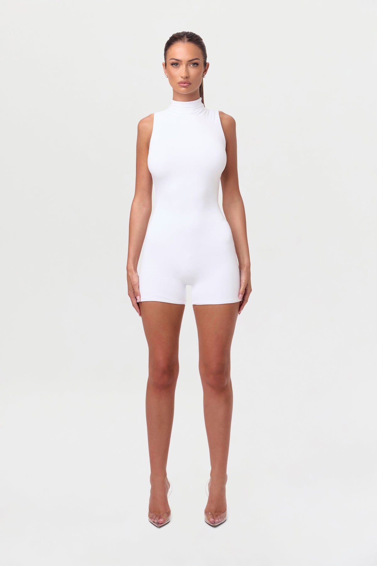 White Smooth Sleeveless Sculpt Romper