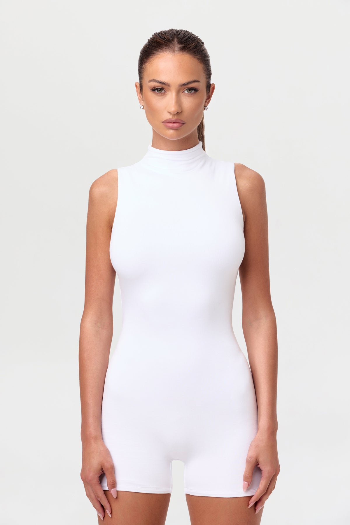 White Smooth Sleeveless Sculpt Romper