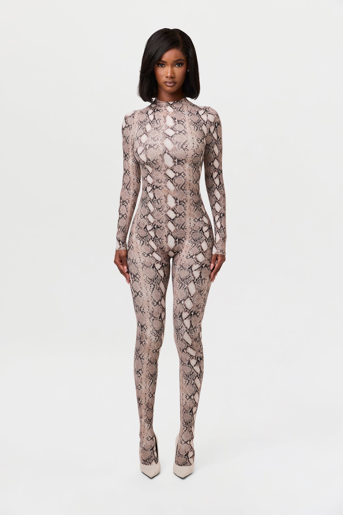 Nude Snakeskin Naked Print Closed Toe Jumpsuit