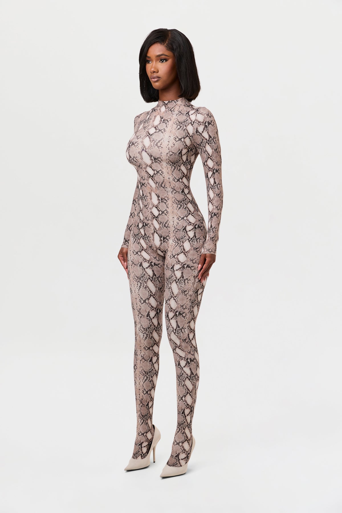 Nude Snakeskin Naked Print Closed Toe Jumpsuit