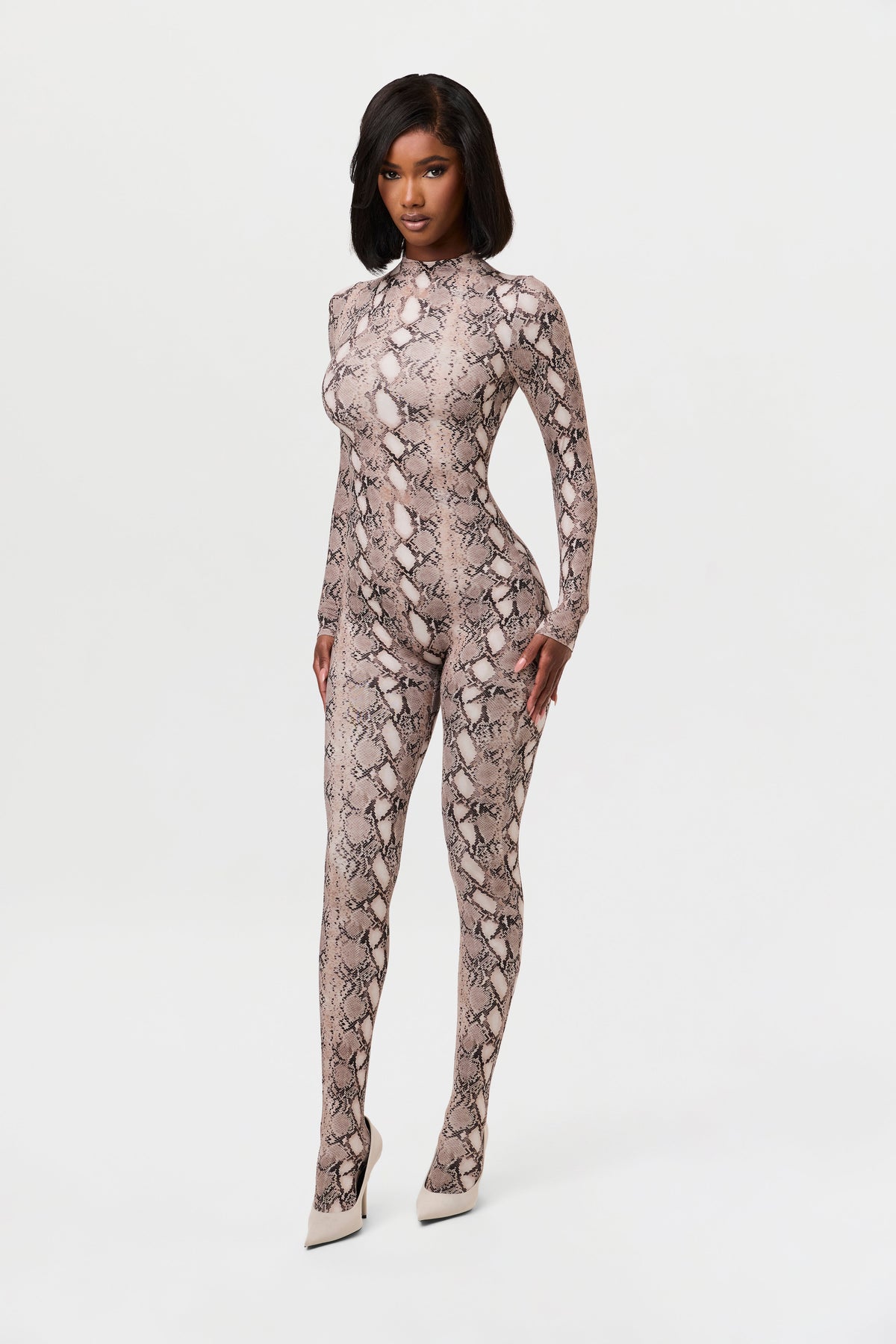 Nude Snakeskin Naked Print Closed Toe Jumpsuit