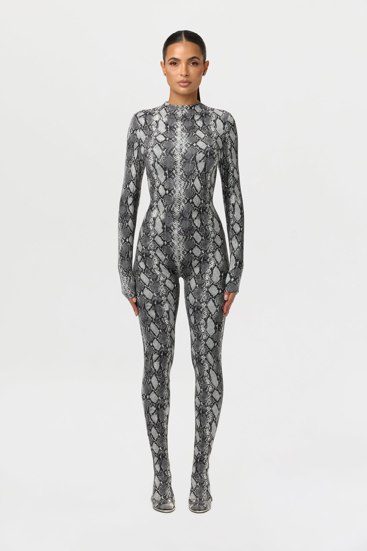 Grey Snakeskin Naked Print Closed Toe Jumpsuit