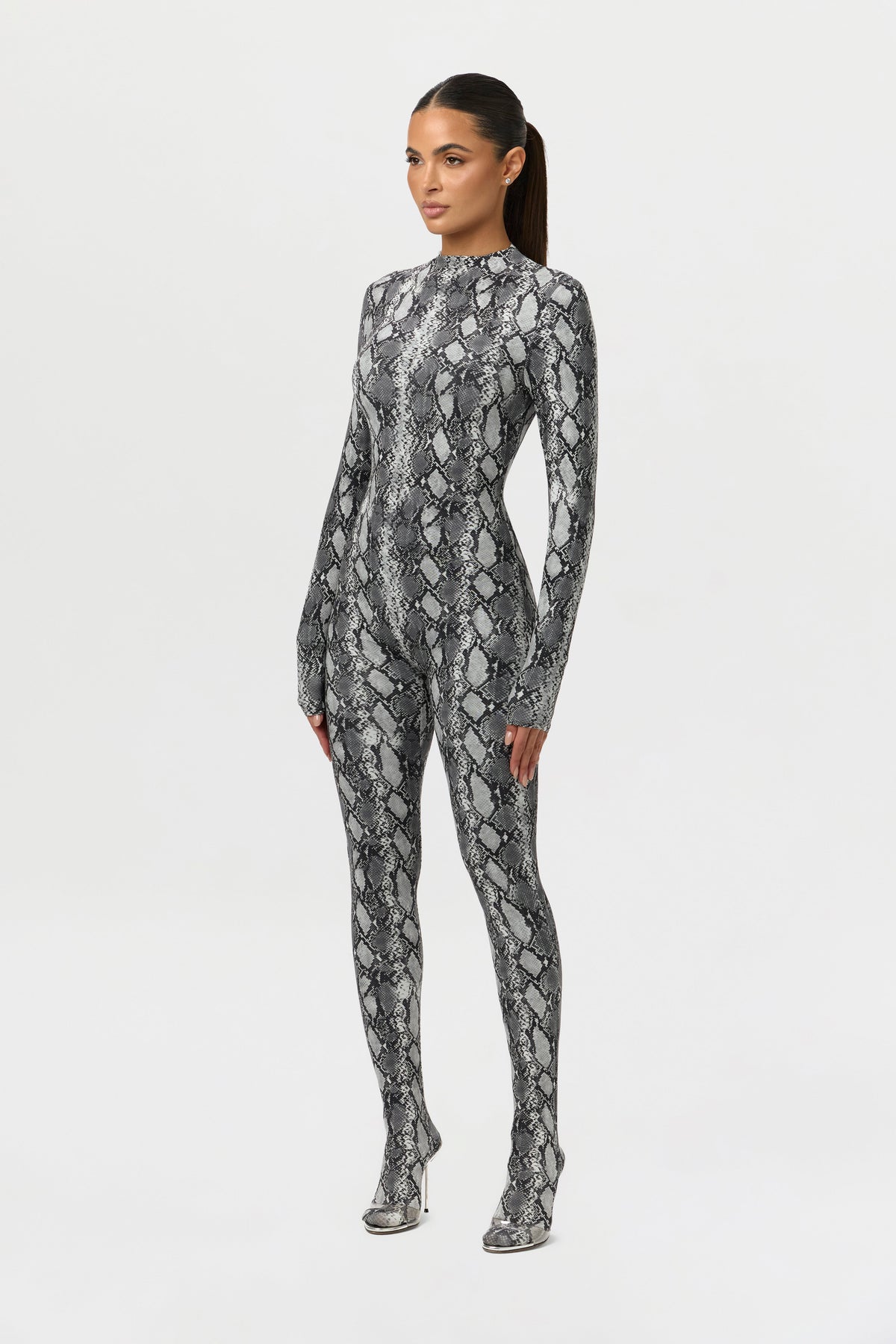 Grey Snakeskin Naked Print Closed Toe Jumpsuit