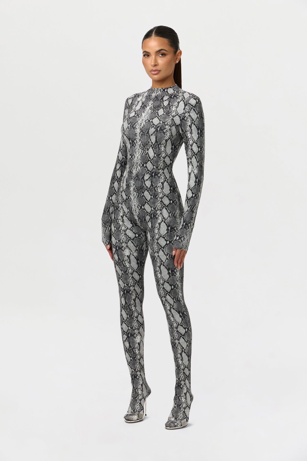 Grey Snakeskin Naked Print Closed Toe Jumpsuit
