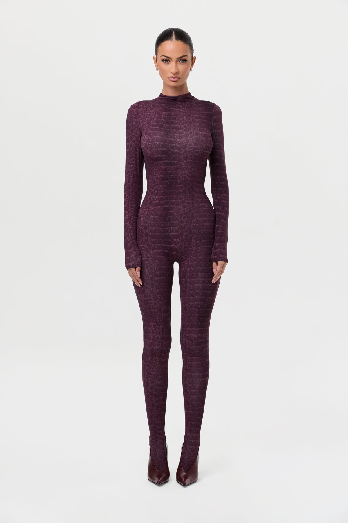 Dark Plum Crocodile Naked Print Closed Toe Jumpsuit