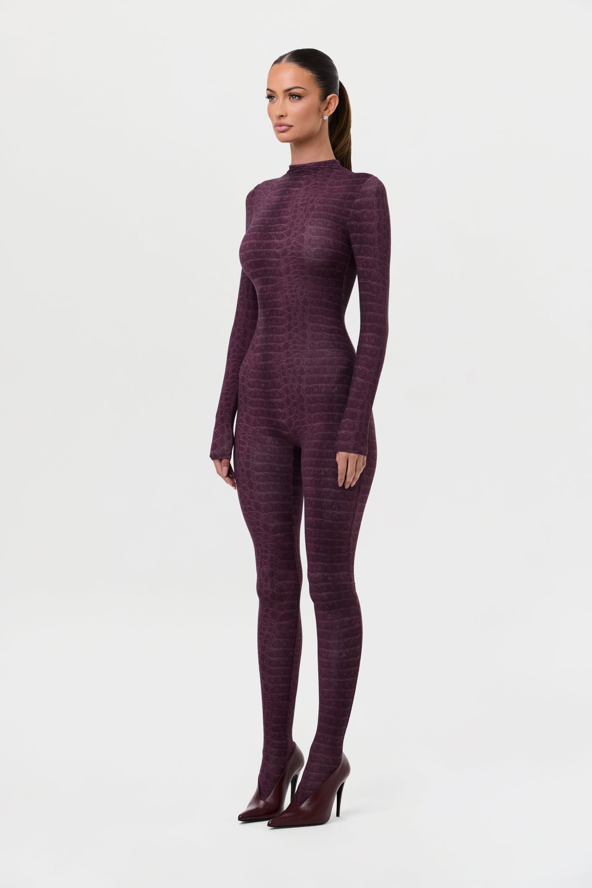 Dark Plum Crocodile Naked Print Closed Toe Jumpsuit