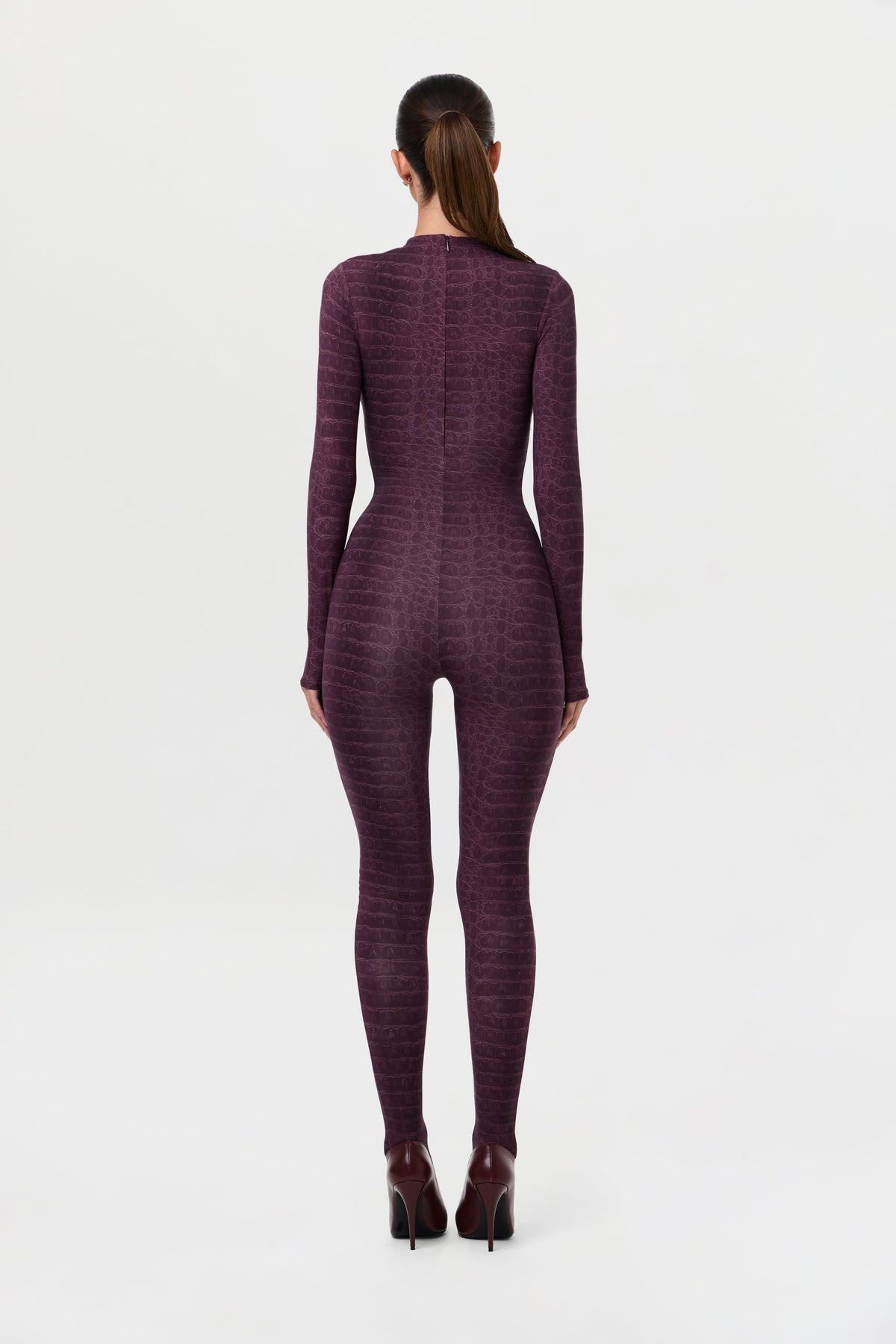 Dark Plum Crocodile Naked Print Closed Toe Jumpsuit