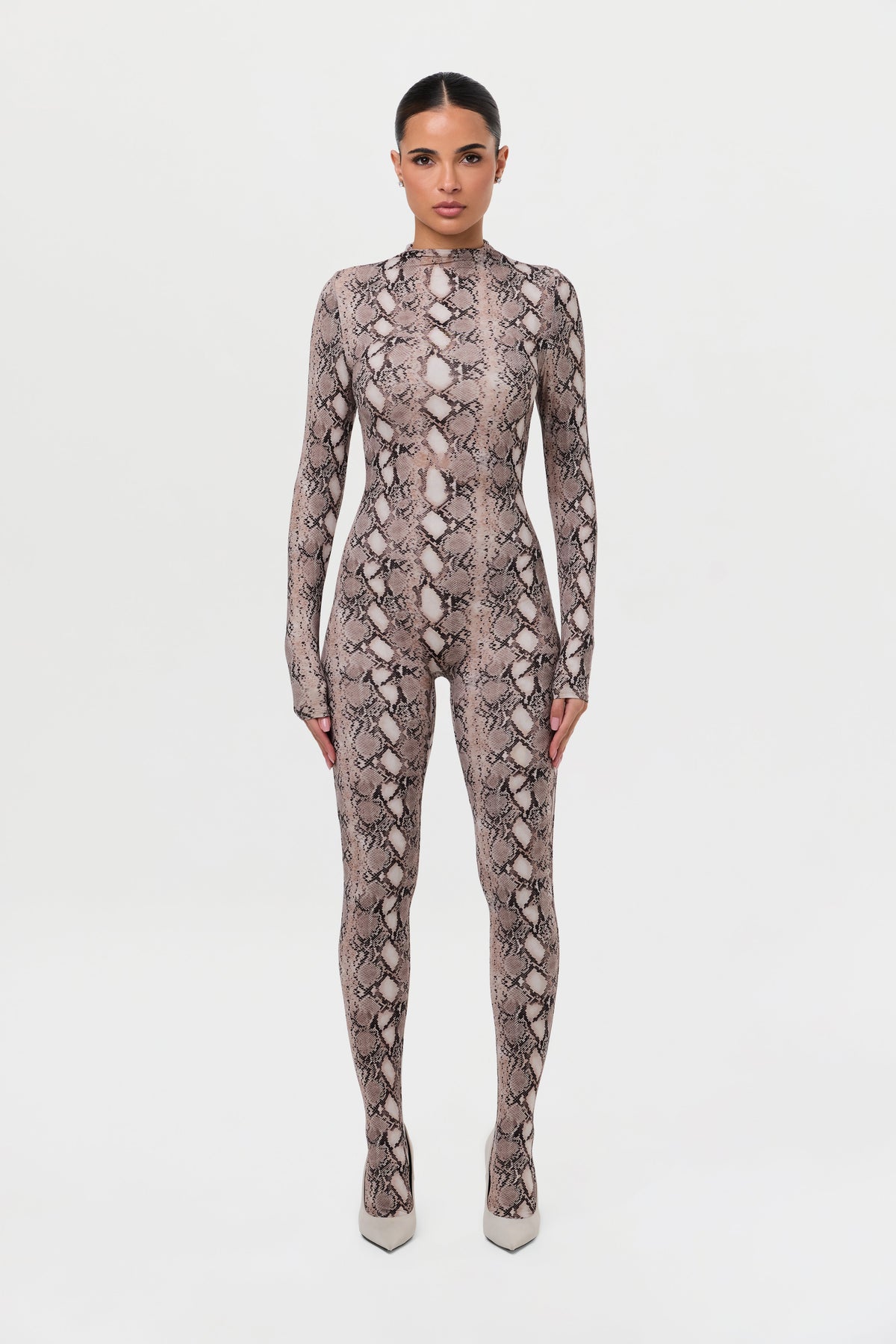 Nude Snakeskin Naked Print Closed Toe Jumpsuit