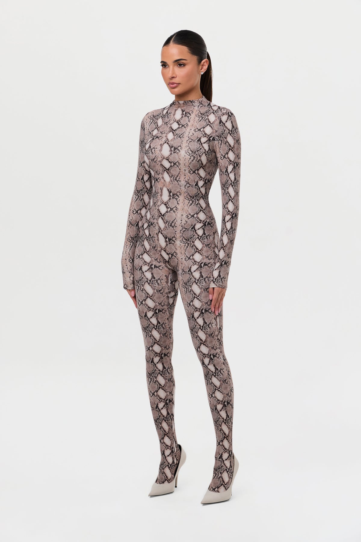Nude Snakeskin Naked Print Closed Toe Jumpsuit