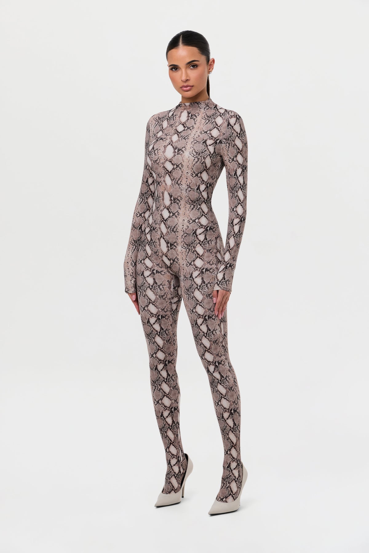 Nude Snakeskin Naked Print Closed Toe Jumpsuit