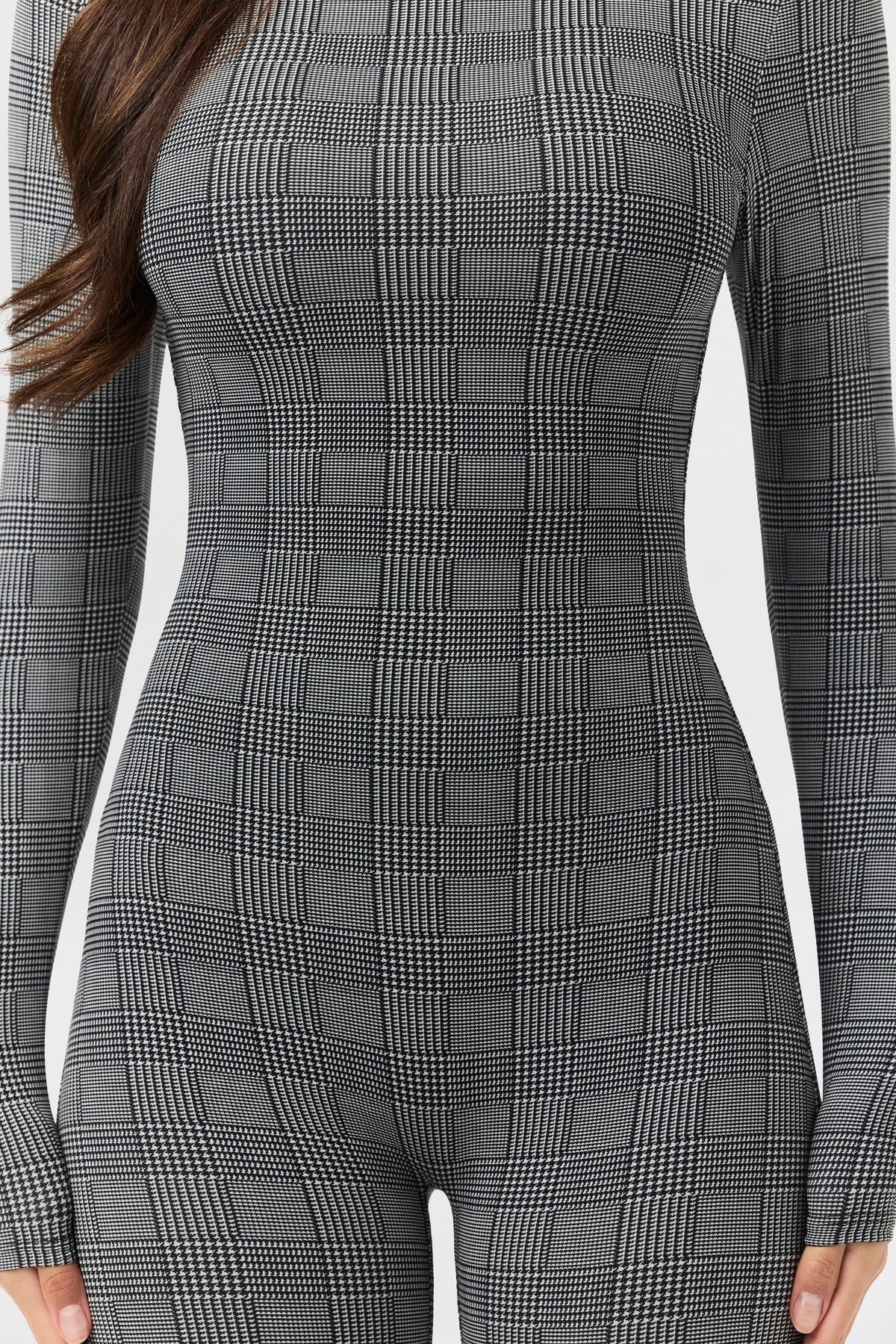 Houndstooth Plaid Naked Print Closed Toe Jumpsuit