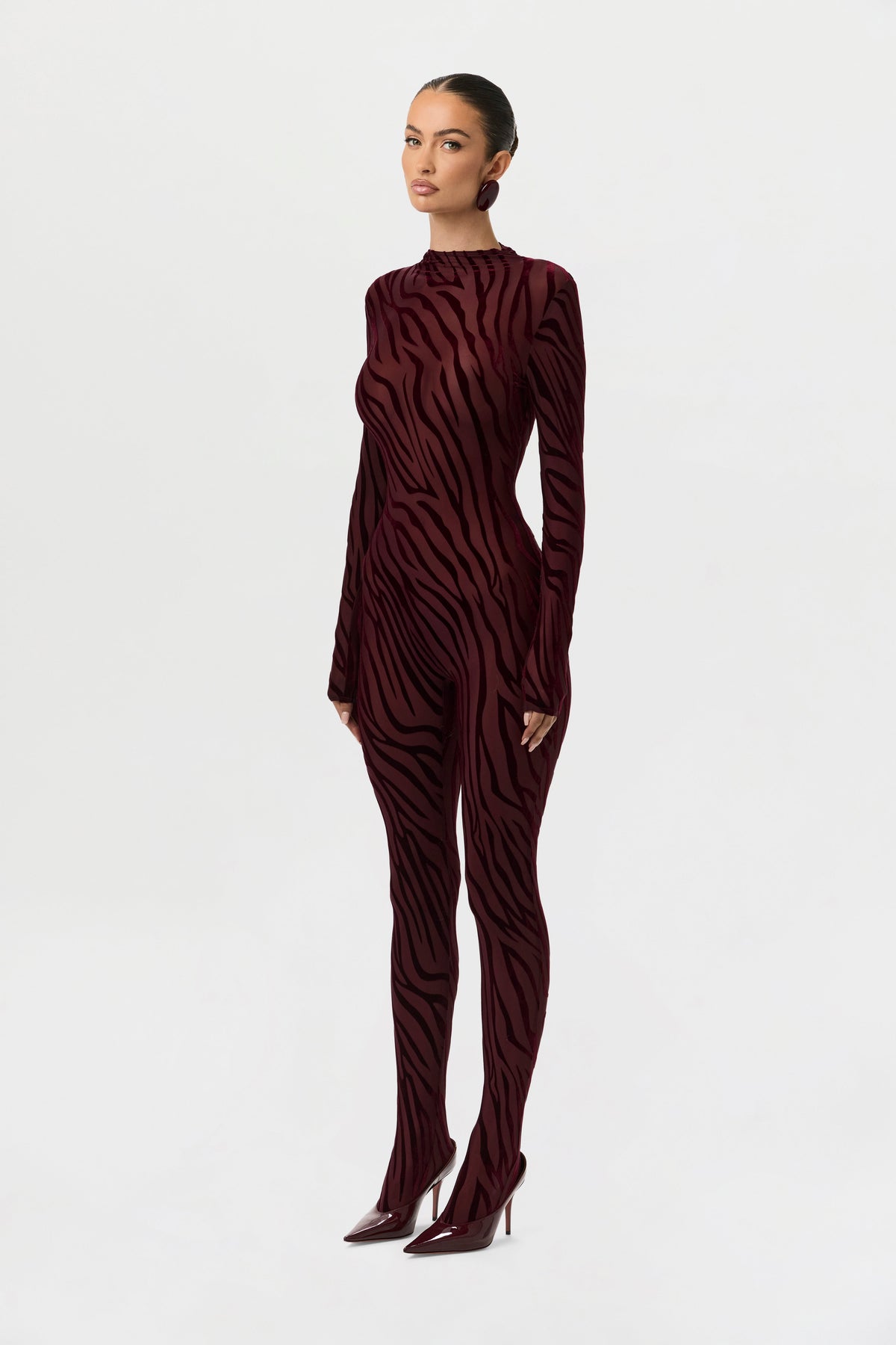 Zebra Dark Plum Burnout Closed Toe Jumpsuit Petite