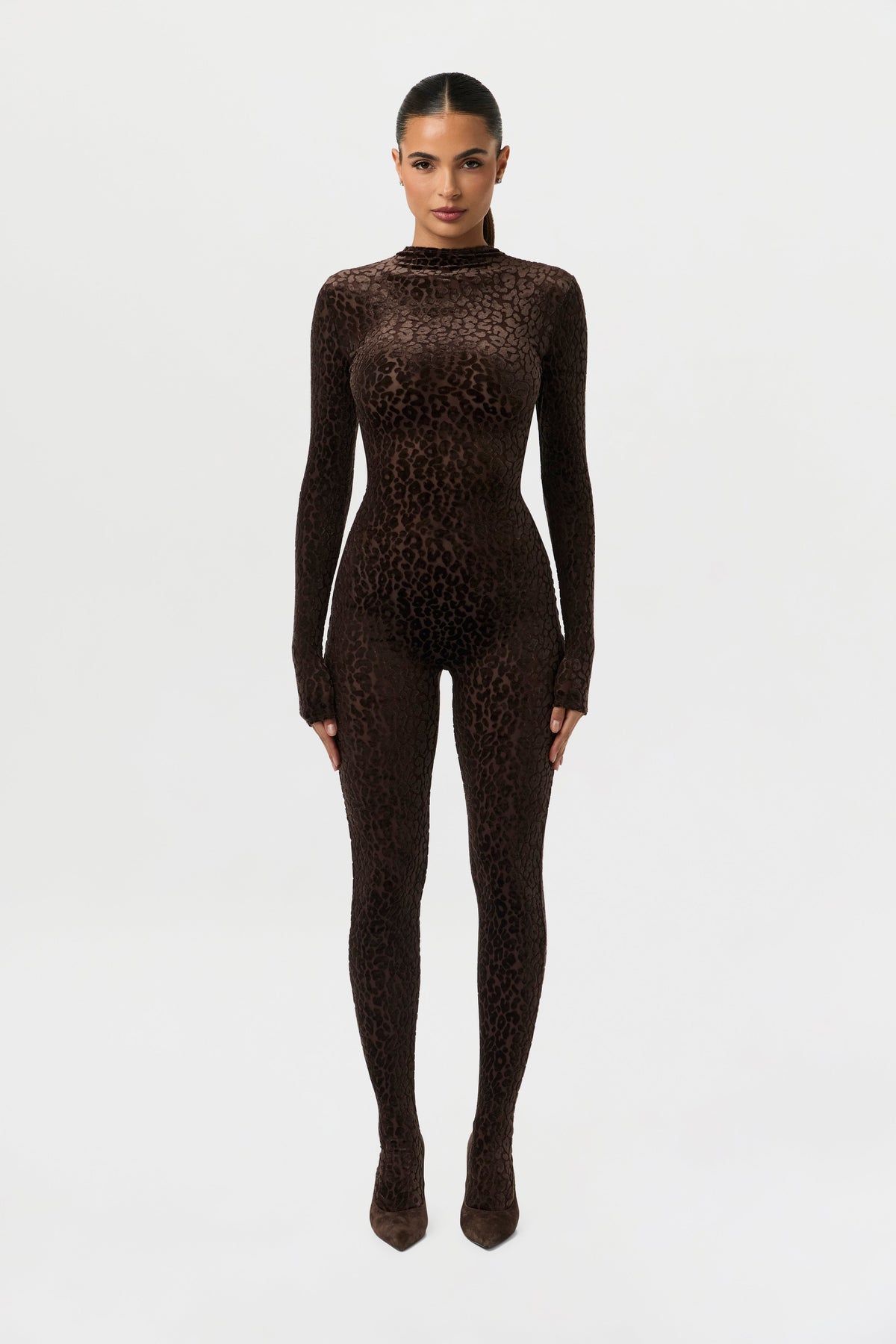 Leopard Dark Chocolate Burnout Closed Toe Jumpsuit Petite